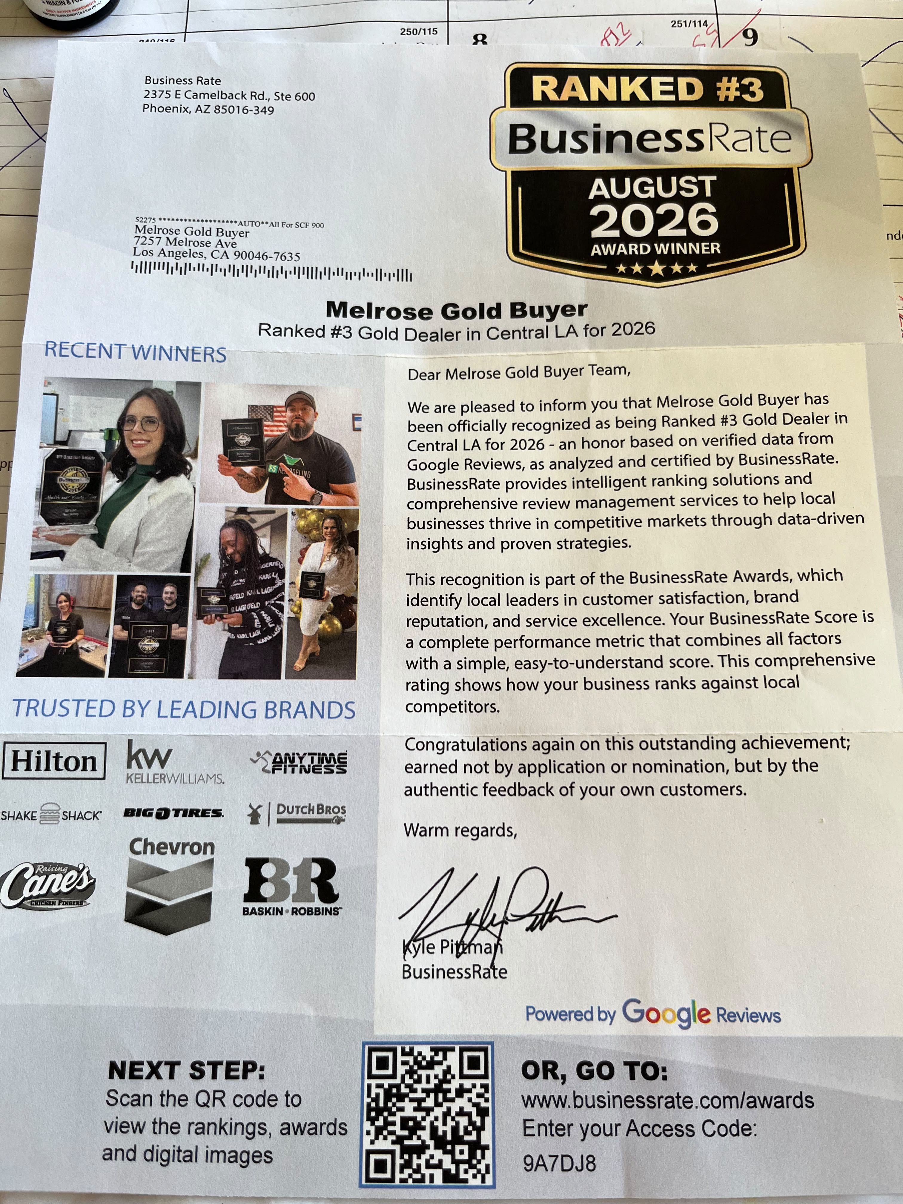 2026 BusinessRate Award recognizing Melrose Gold Buyers as ranked #3 Gold Dealer in Central Los Angeles